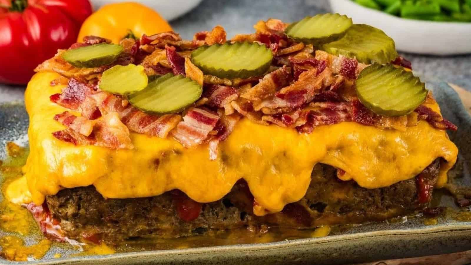 Bacon cheeseburger meatloaf topped with crispy bacon.