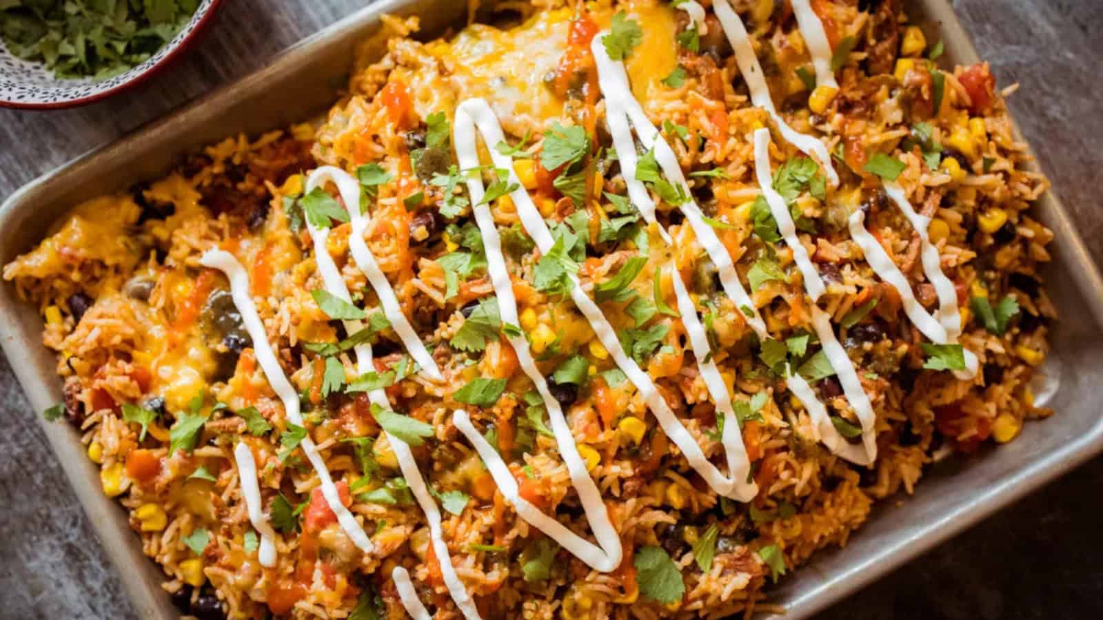 Blackstone Mexican fried rice with seasoned rice, vegetables, and Mexican-inspired flavors.