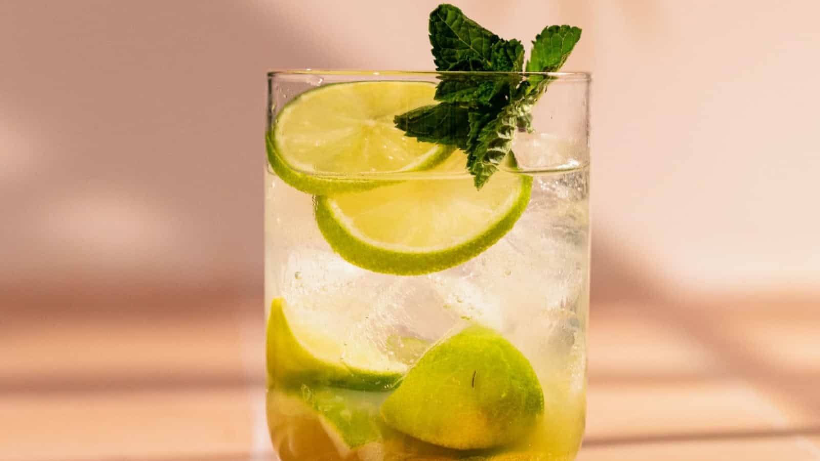 A glass of sparkling water with lime slices, lime wedges, ice, and a mint sprig garnish.