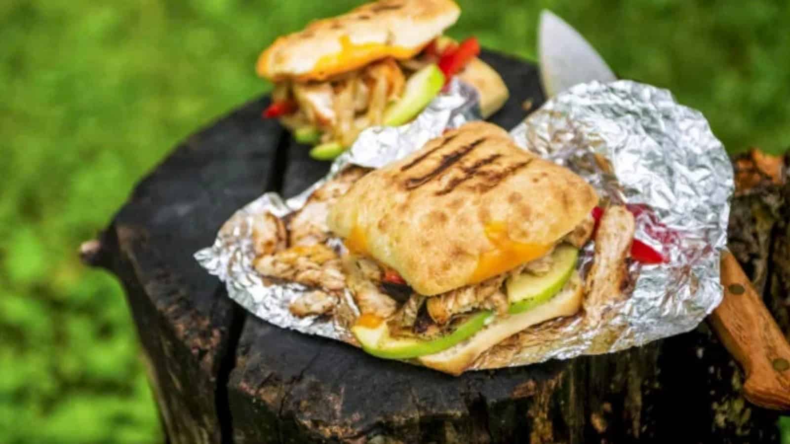 Campfire grilled chicken panini pressed until crispy and filled with melted cheese.