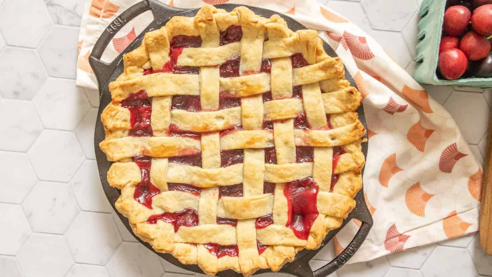 Classic cherry pie filled with sweet cherries and baked in a flaky crust.