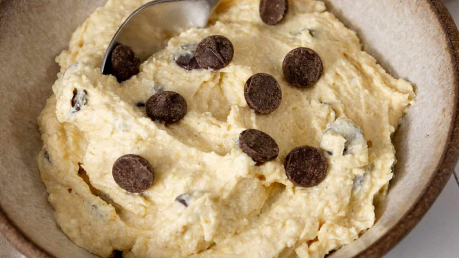 Edible cookie dough prepared for snacking or dessert recipes.