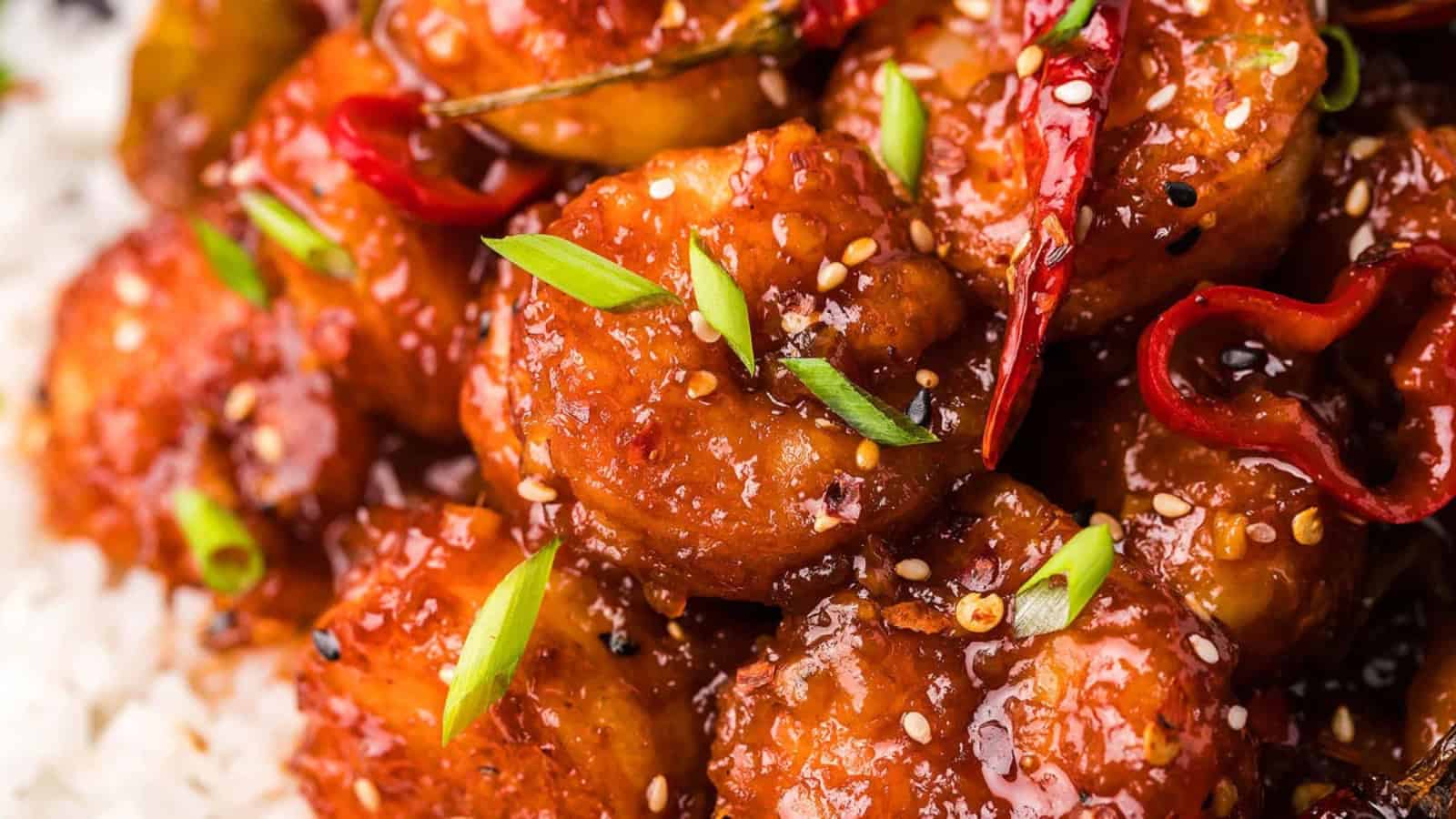 General Tso shrimp stir-fry with tender shrimp and vegetables in a sweet and spicy glaze.