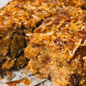 A close-up of moist, sliced coconut and caramel cake with a golden, toasted topping.