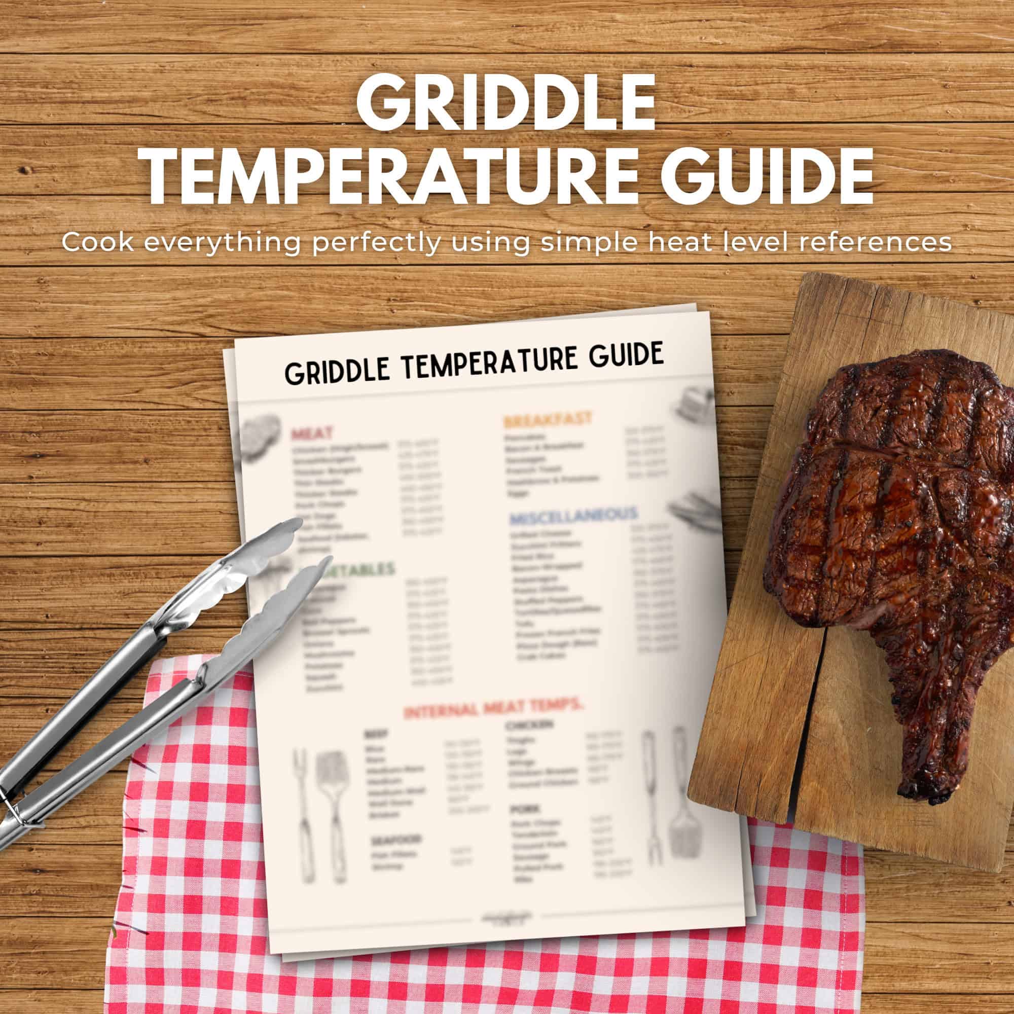 Griddle temperature guide on paper with tongs, a steak on a board, and red-checked cloth on wood table from the immigrantstable shop.
