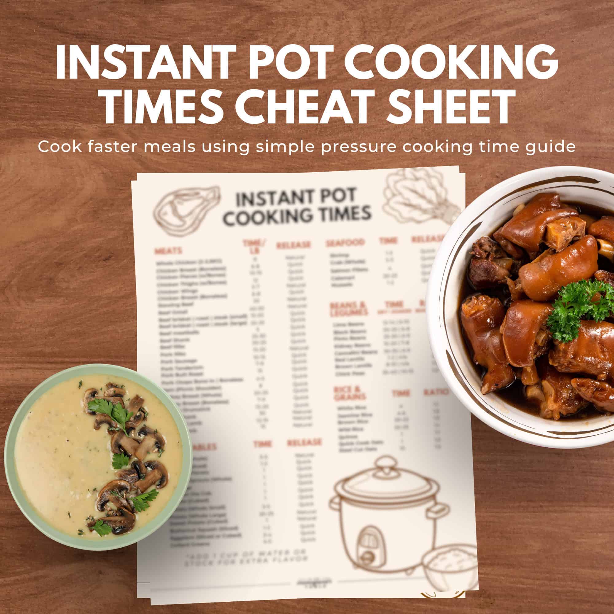 Instant Pot cooking times cheat sheet from the immigrantstable shop, featuring food bowls on a wooden table, top-down view.