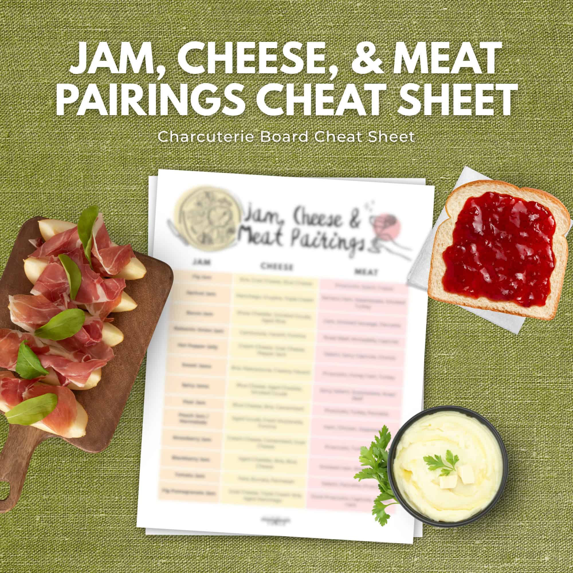 Jam, cheese, and meat pairings chart with prosciutto, jam toast, and a bowl of cheese spread on a green tablecloth-find more unique combinations at the immigrantstable shop.