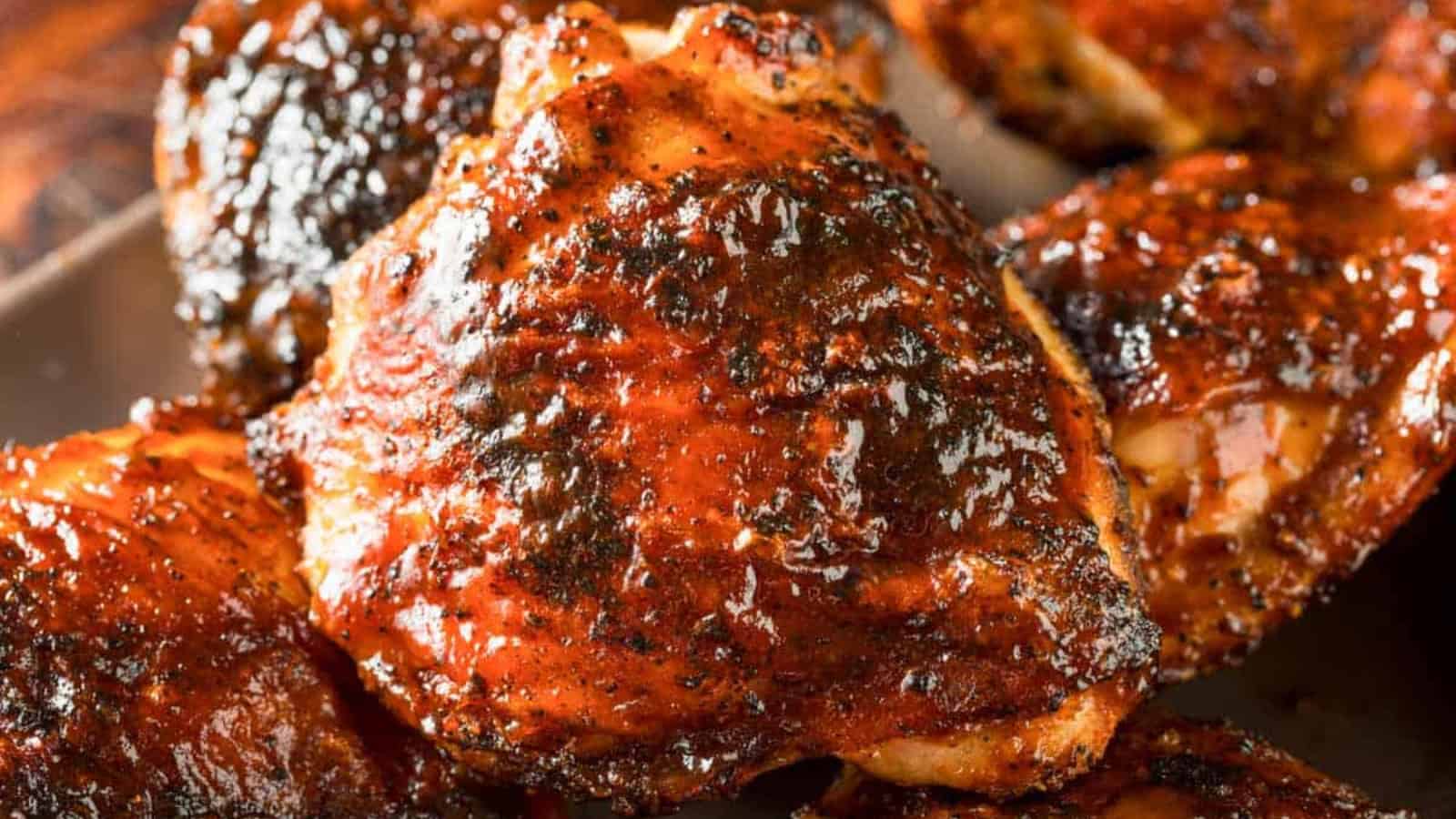 Close-up of juicy grilled chicken thighs with a shiny, caramelized barbecue glaze&mdash;perfect for Father's Day BBQ recipes hot off the grill.