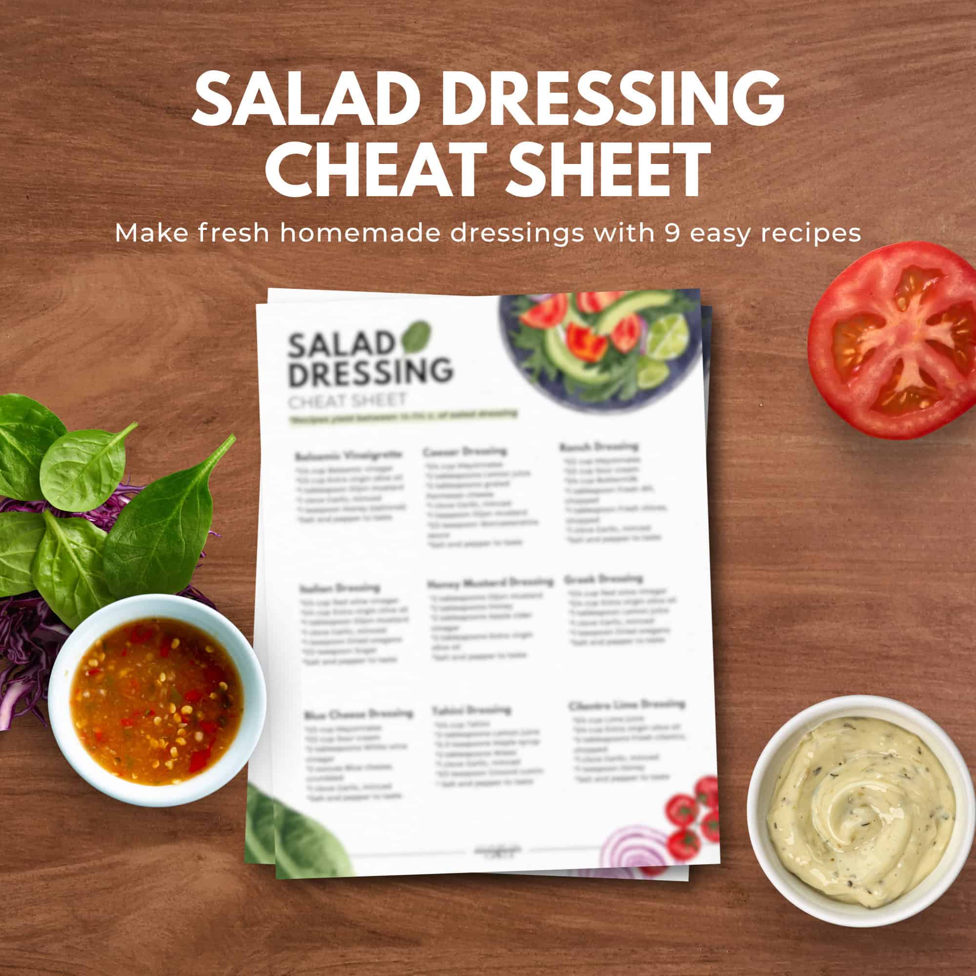 Salad dressing cheat sheet from the immigrantstable shop on a wooden table, surrounded by herbs, dressing bowls, and tomato slices.