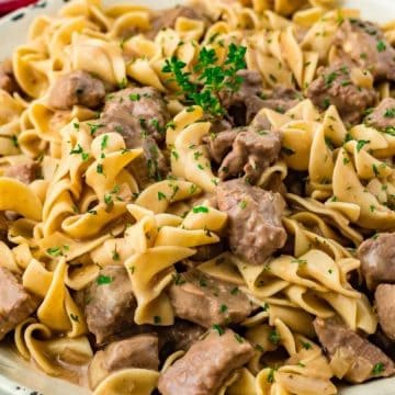 A plate of beef stroganoff with egg noodles, creamy sauce, and garnished with chopped parsley.