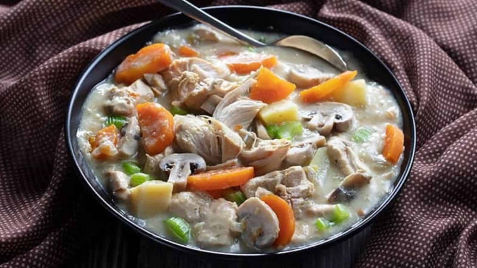 A bowl of chicken stew with carrots, mushrooms, potatoes, and celery, served with a spoon.