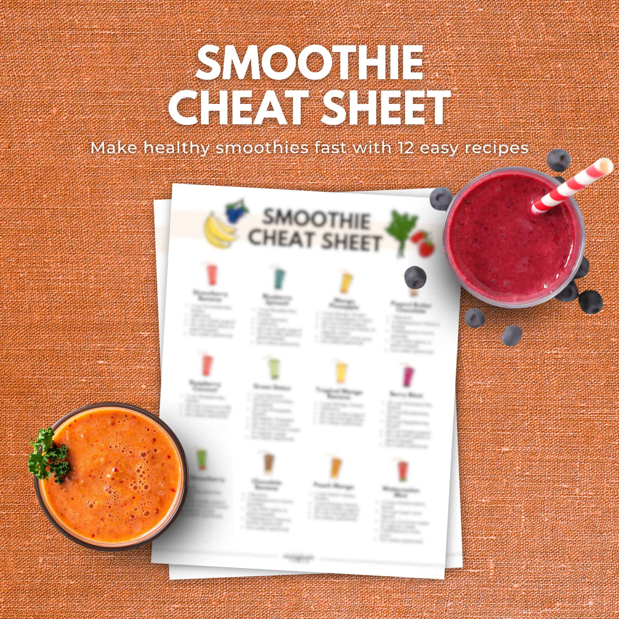 Overhead view of a smoothie recipe sheet from the immigrantstable shop, featuring two smoothies-one red and one orange-on an orange textured surface.