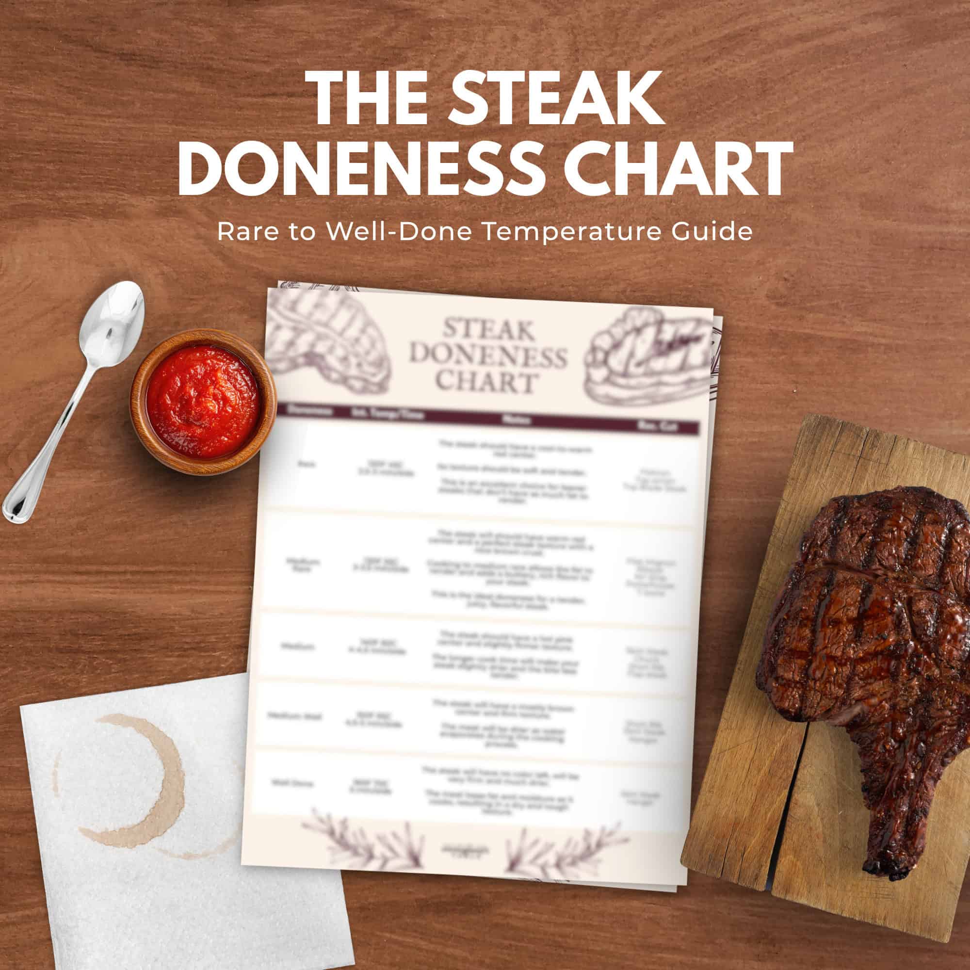 A steak doneness chart on a table with a grilled steak, dipping sauce, spoon, and napkin beside it-a perfect inspiration for your own kitchen or as decor from the immigrantstable shop.