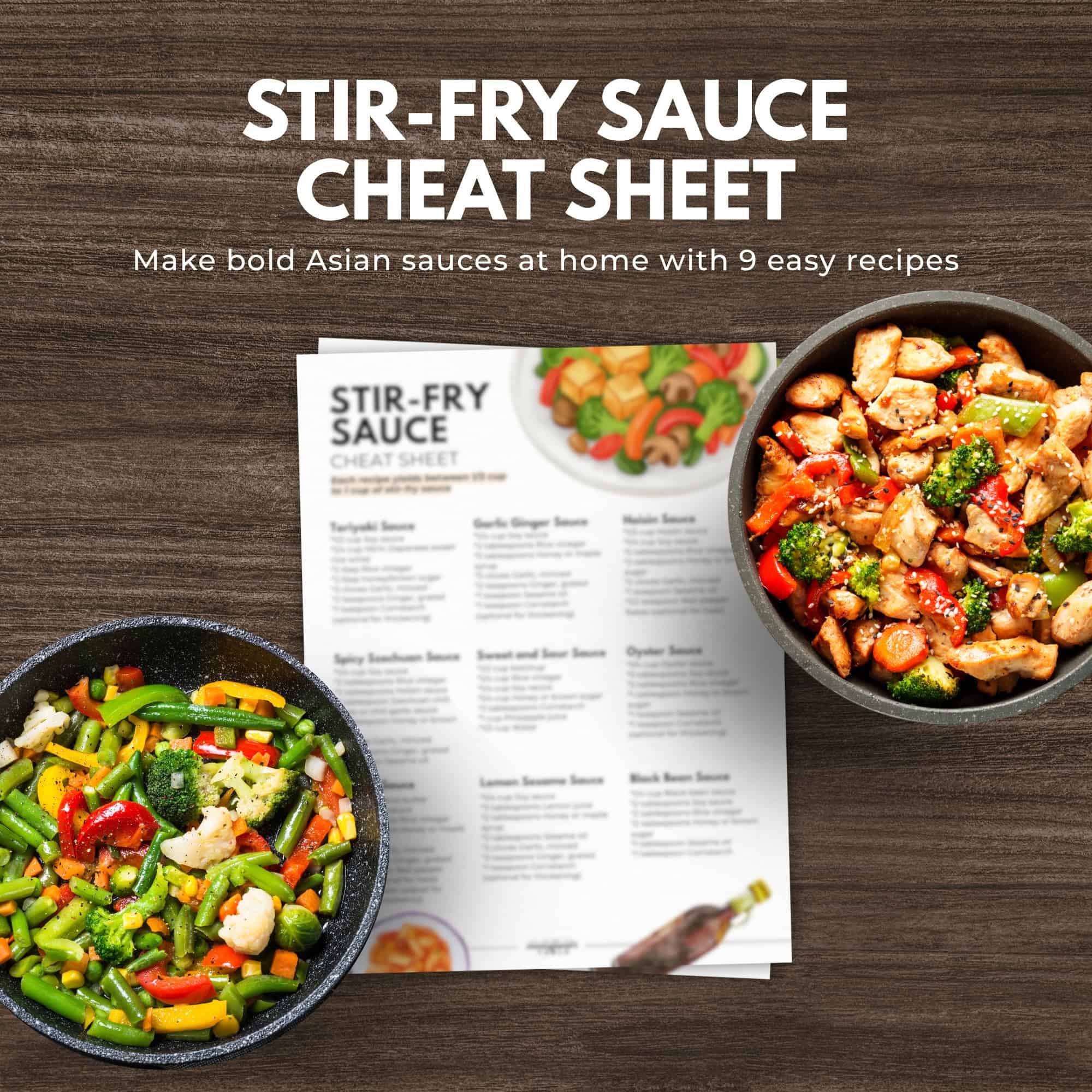 Two bowls of colorful stir-fry sit near a printed stir-fry sauce cheat sheet from the immigrantstable shop on a wooden table.