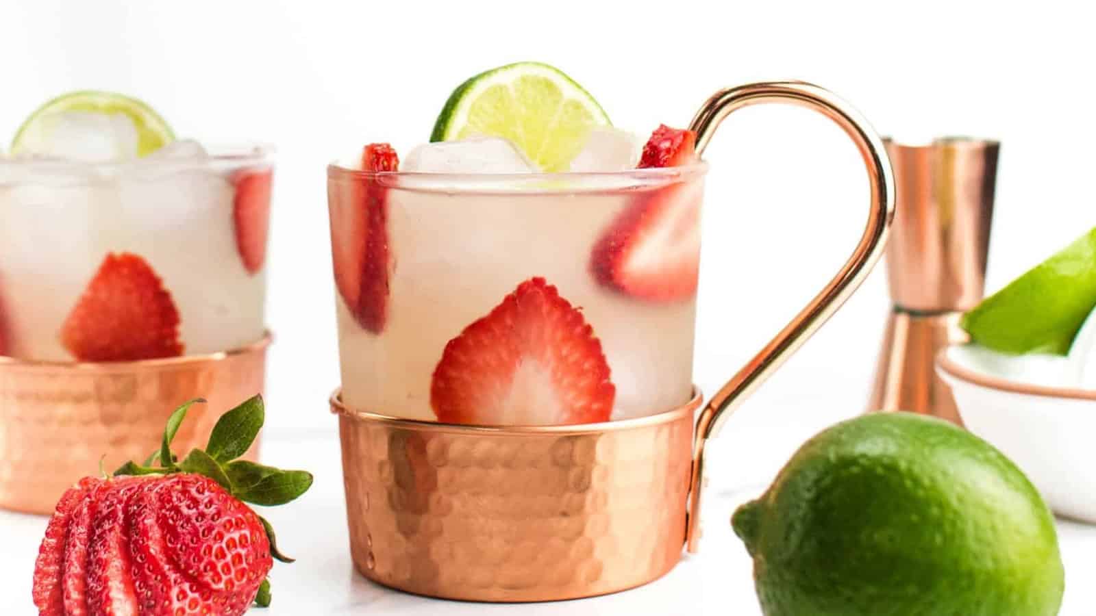 A copper mug with ice, lime, and sliced strawberries, with fresh limes and strawberries beside it.