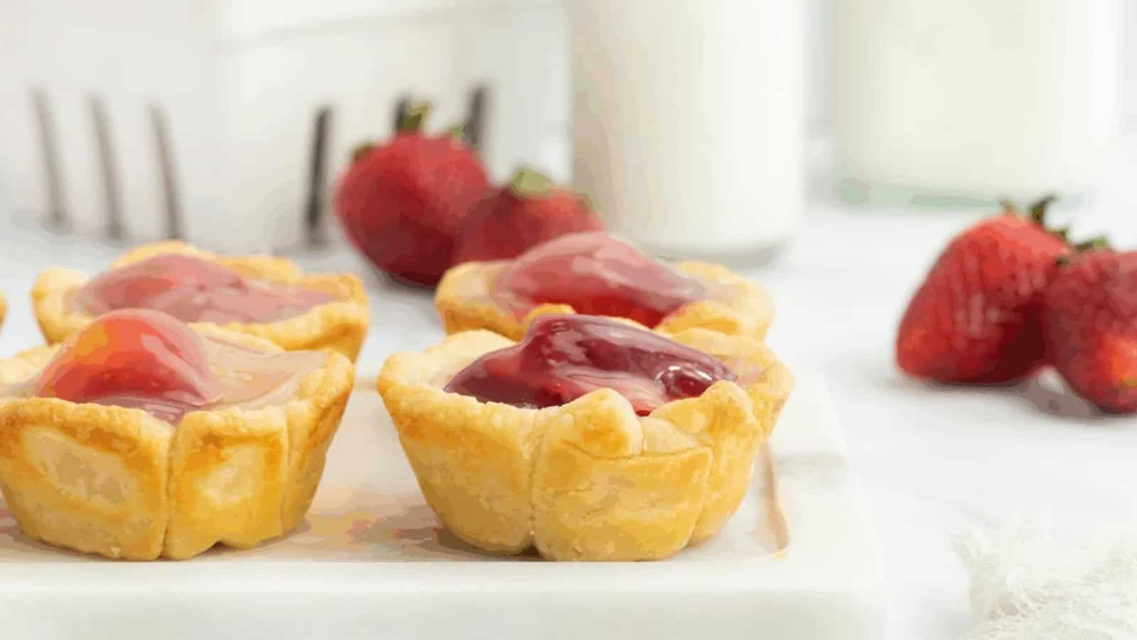 Mini strawberry tarts with golden crusts and bright red filling on a white tray, with fresh strawberries nearby.