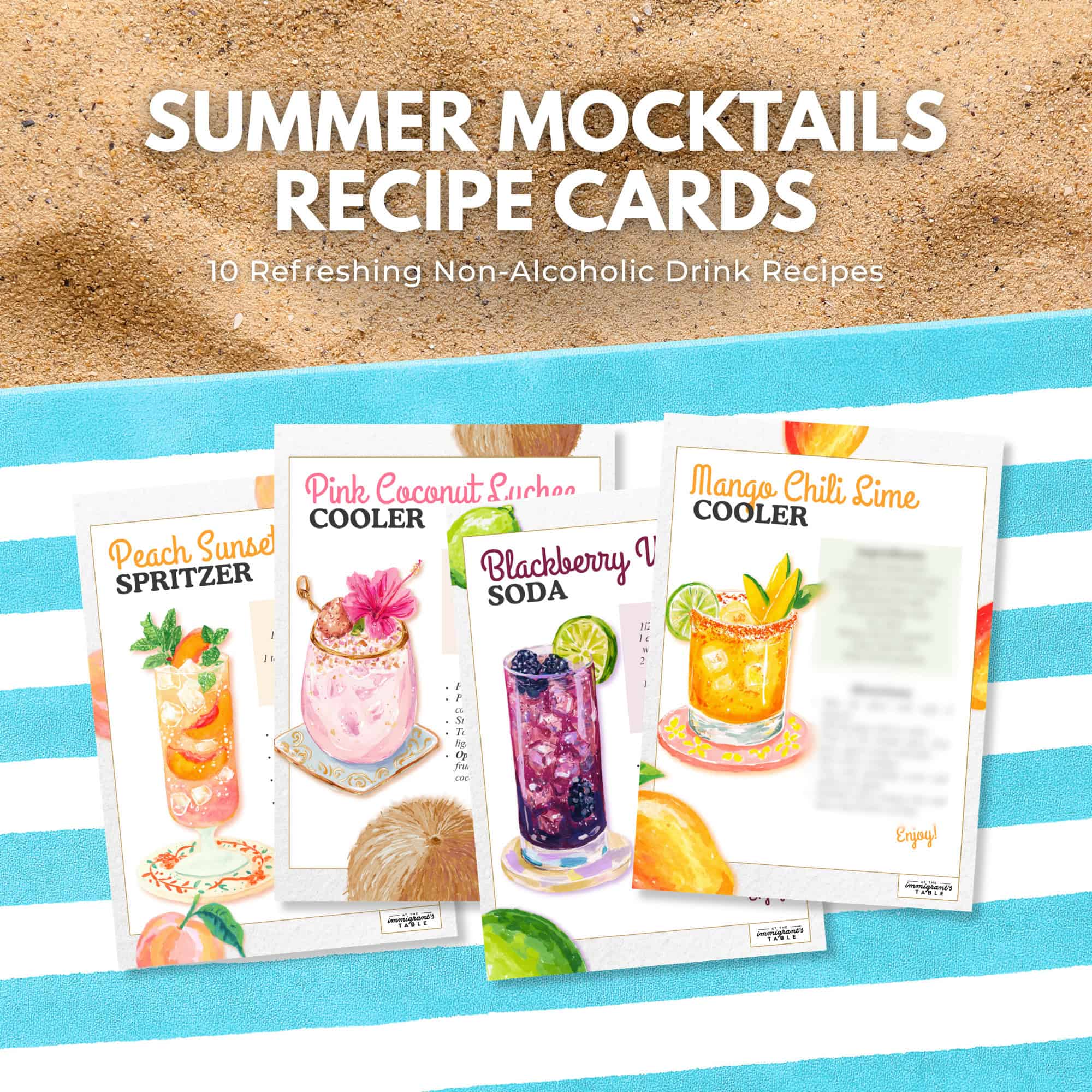 Four colorful summer mocktail recipe cards on sand, featuring text: "Summer Mocktails Recipe Cards." Find these vibrant designs exclusively at the immigrantstable shop.
