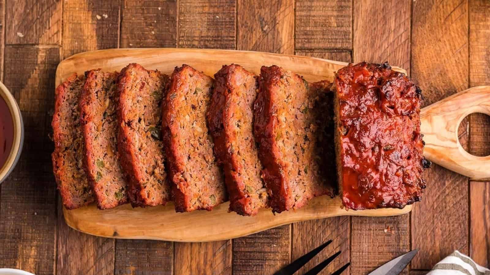 BBQ smoked meatloaf brushed with thick glaze.