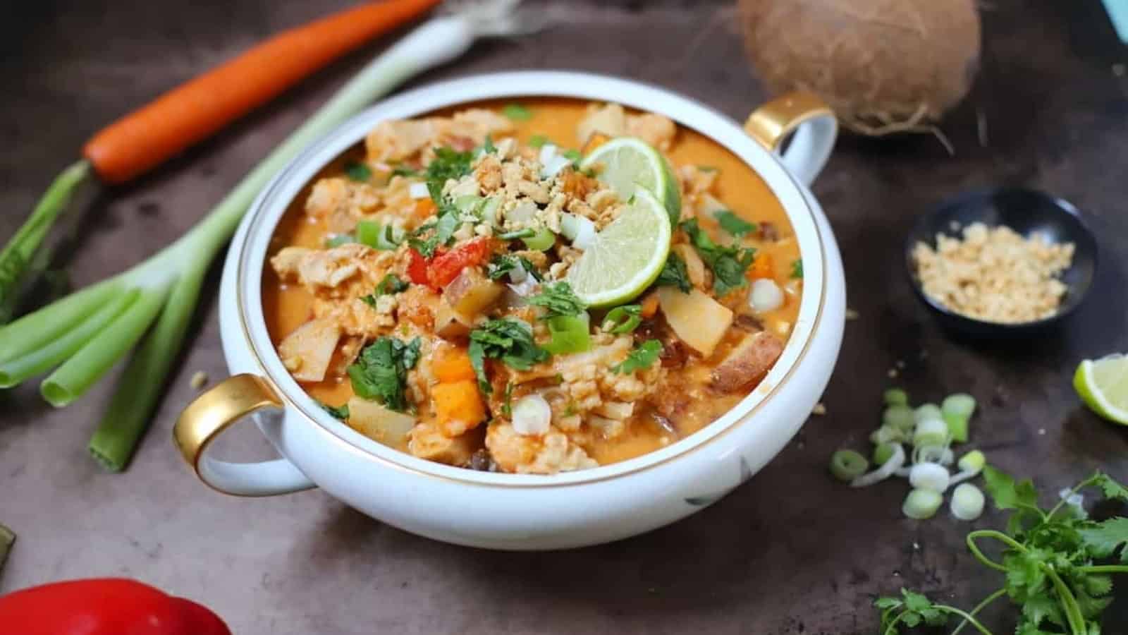 Bowl of Thai curry with chicken, vegetables, lime wedges, peanuts, and herbs, surrounded by fresh ingredients.
