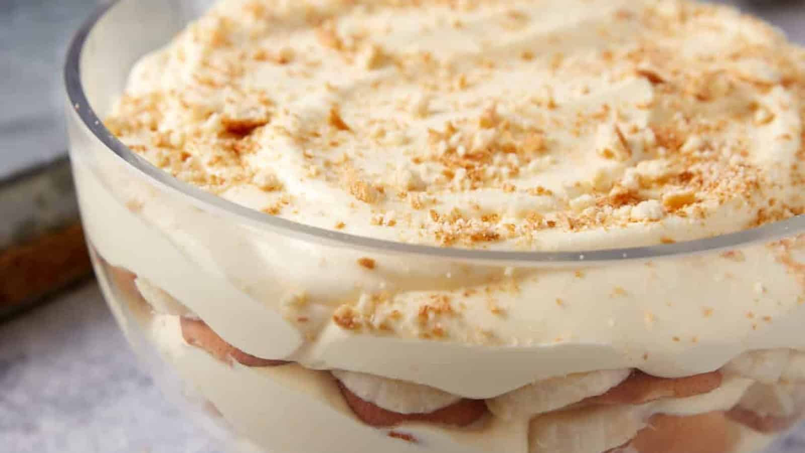 Classic banana pudding made with vanilla wafers, sliced bananas, and creamy pudding.