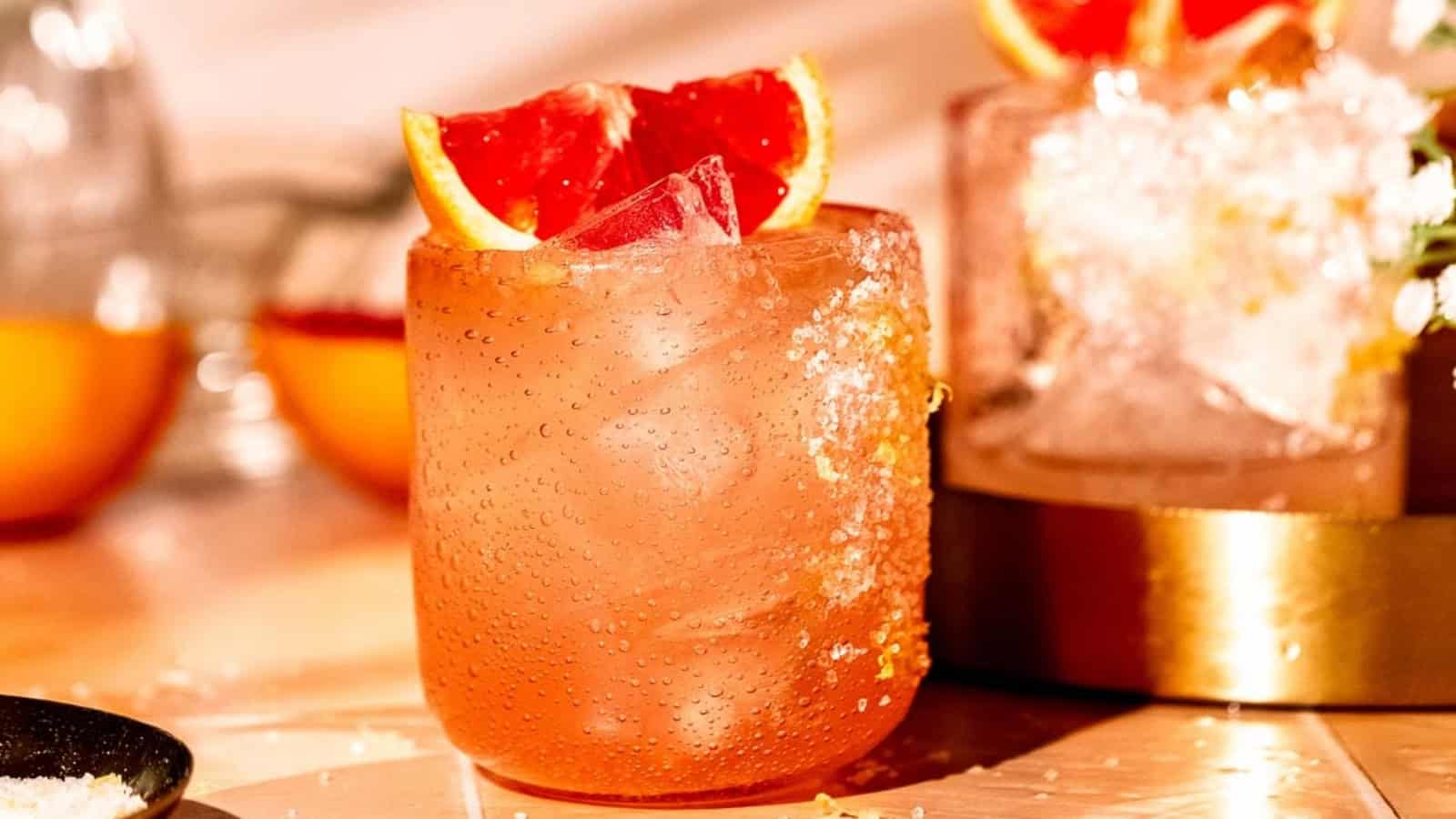 A pink cocktail with ice and grapefruit wedge, served in a salt-rimmed glass on a sunny table.