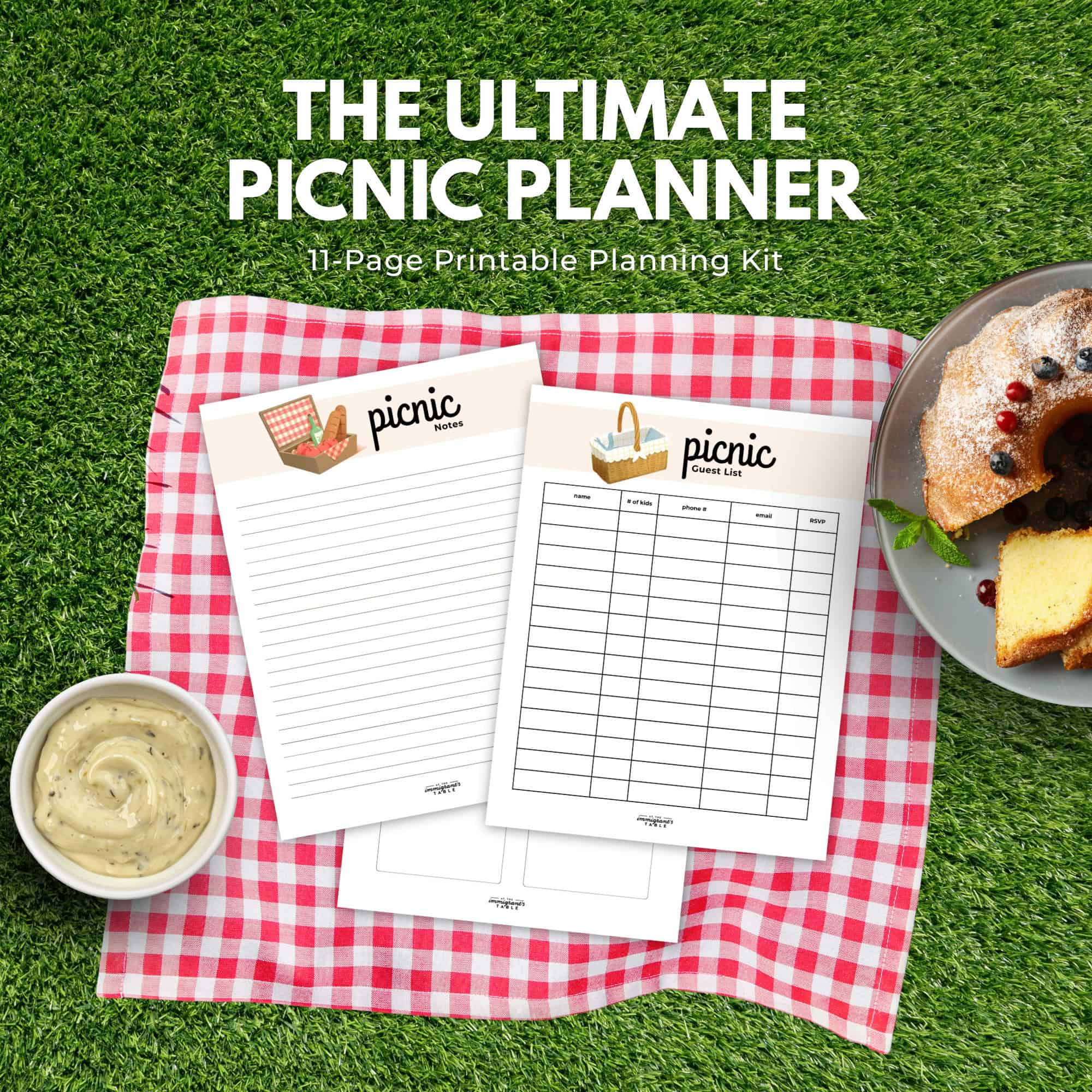 Picnic planner sheets from the immigrantstable shop rest on a red checkered cloth alongside cake and dip, all set on fresh green grass.