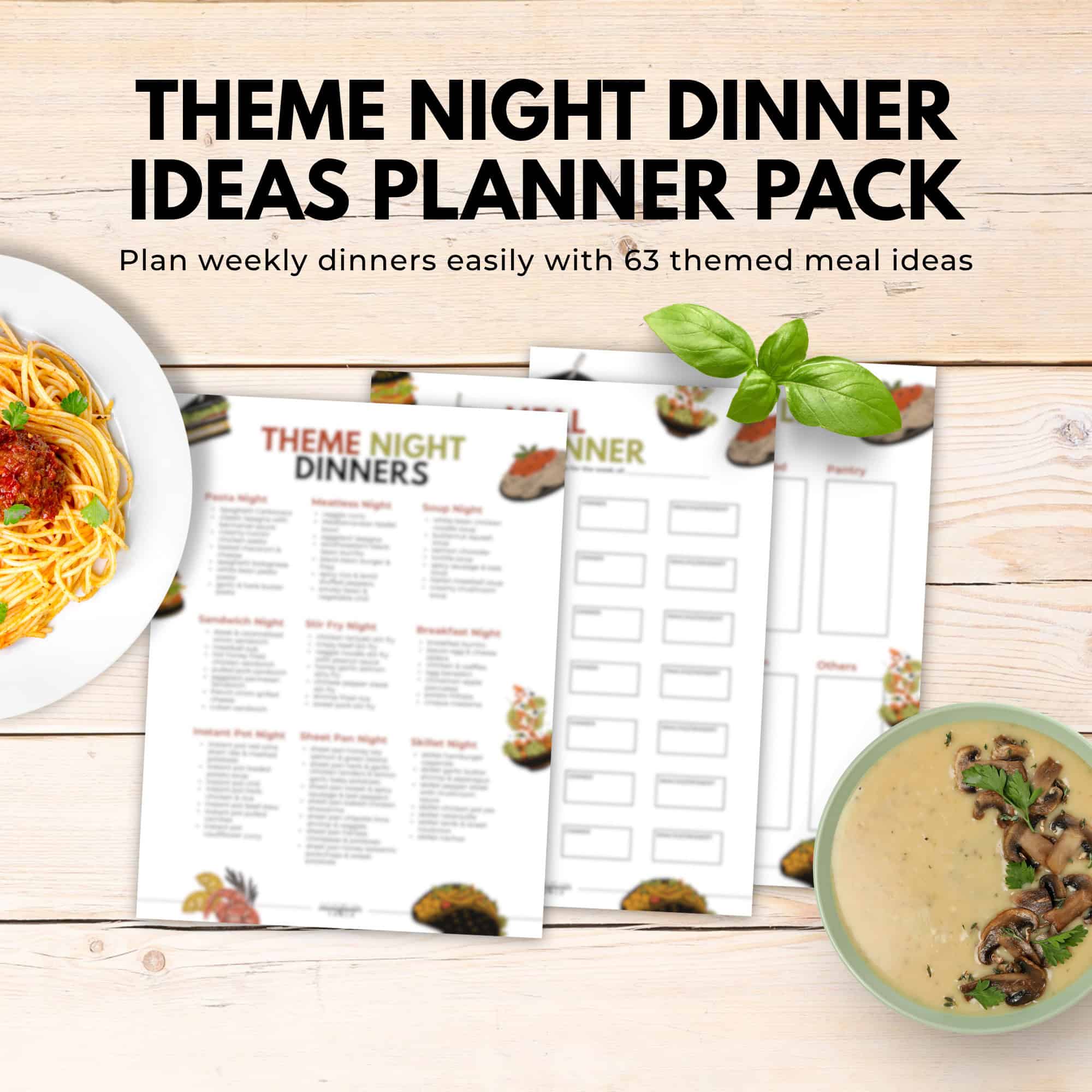 Top view of an immigrantstable shop theme night dinner planner pack with pasta, soup, and themed meal idea pages arranged on a wooden table.