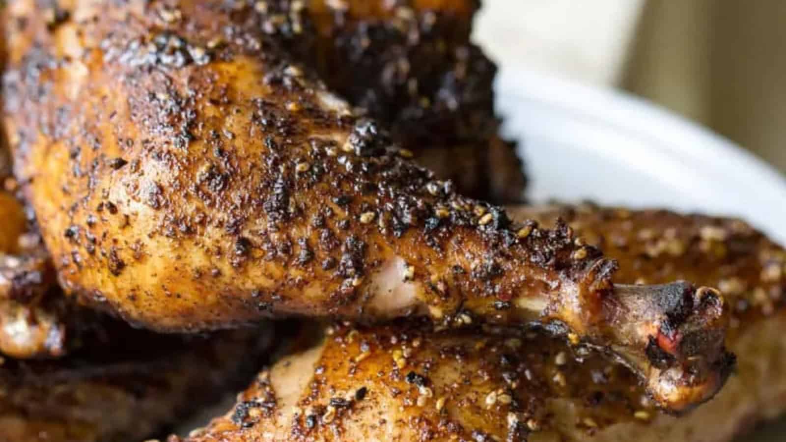 Traeger grilled chicken leg quarters cooked until juicy with deep smoky flavor.