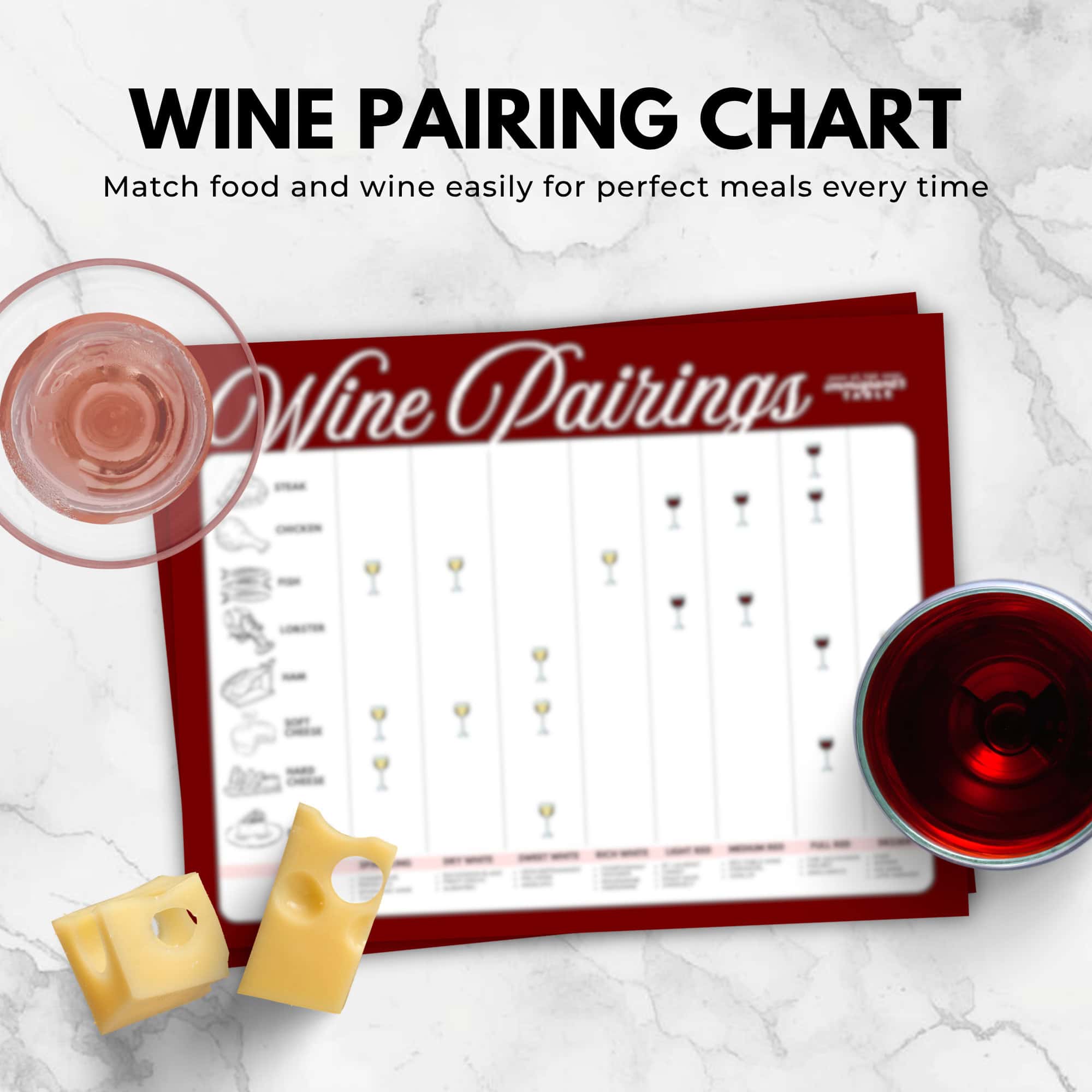 Wine pairing chart on a marble surface with wine glasses and cheese pieces, featuring text about matching food and wine-brought to you by the immigrantstable shop.