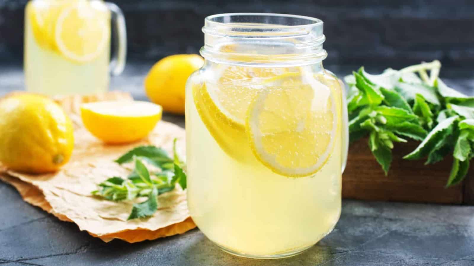 Sugar-Free Lemonade in glass cup with ice.