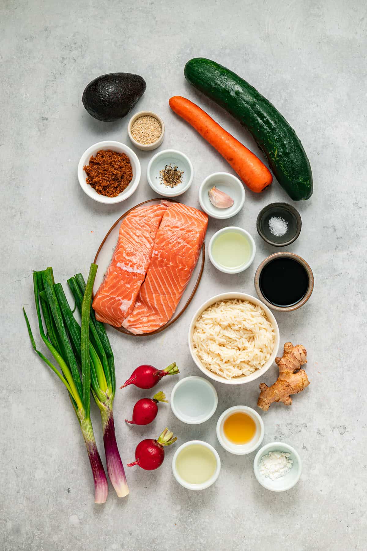 Teriyaki Salmon Rice Bowl featuring salmon, rice, vegetables, and various seasonings arranged neatly on a light gray background.