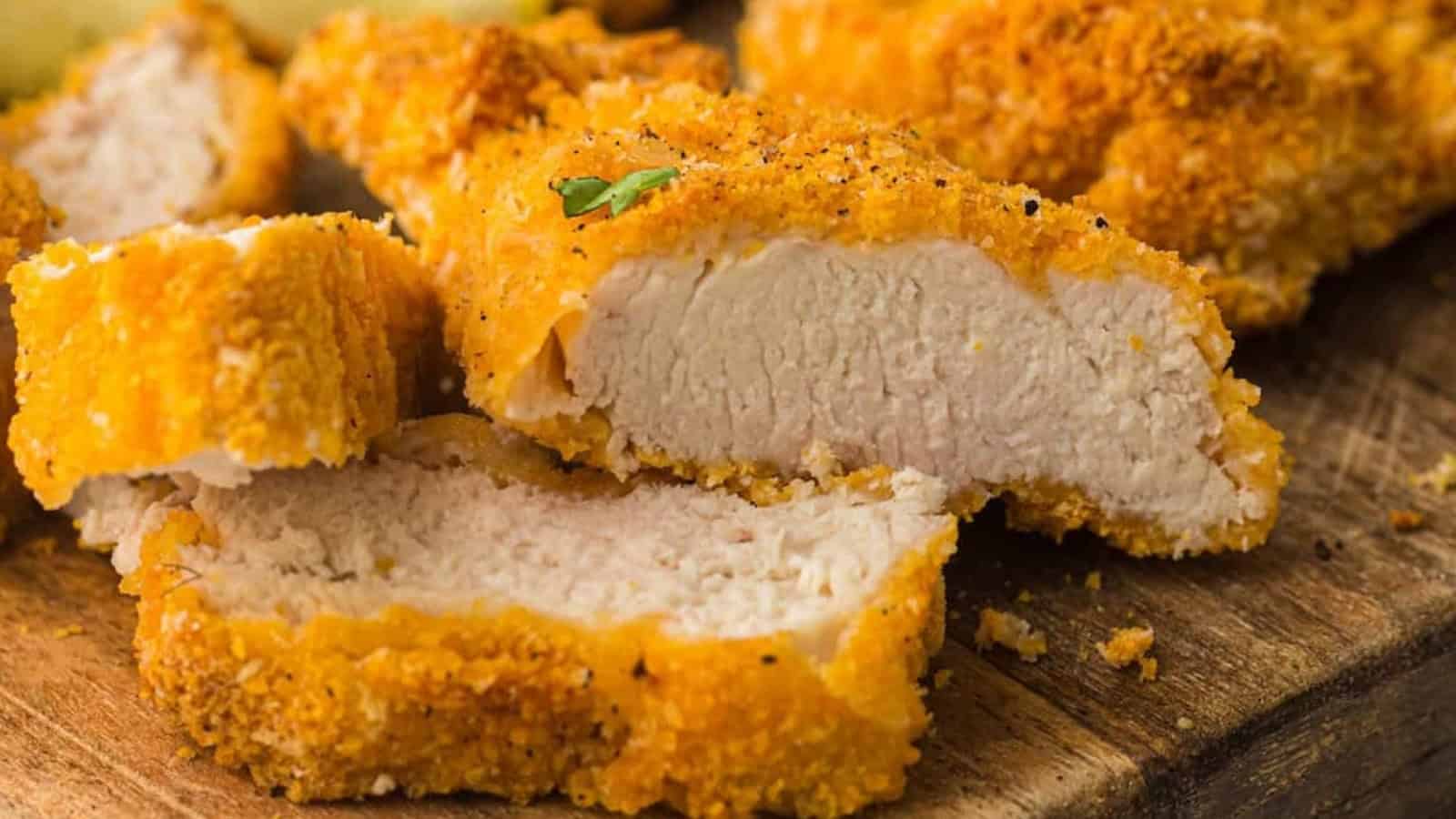 Sliced breaded and fried chicken breast on a wooden board, garnished with herbs and accompanied by lemon slices.