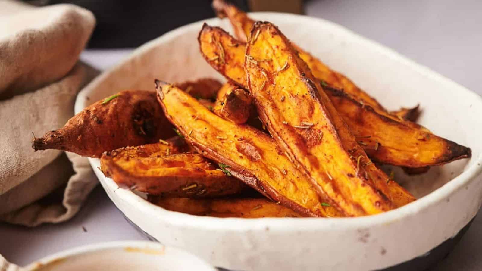 Sweet potato wedges in a bowl.