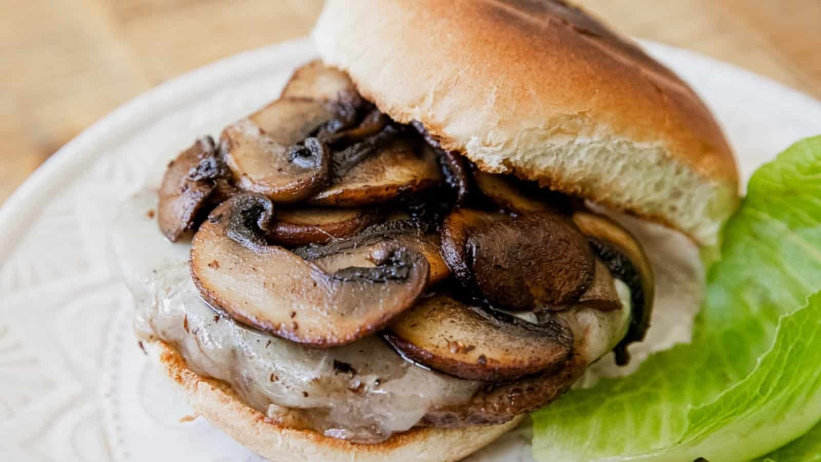 Mushroom and Swiss burger topped with sautéed mushrooms and melted Swiss cheese.