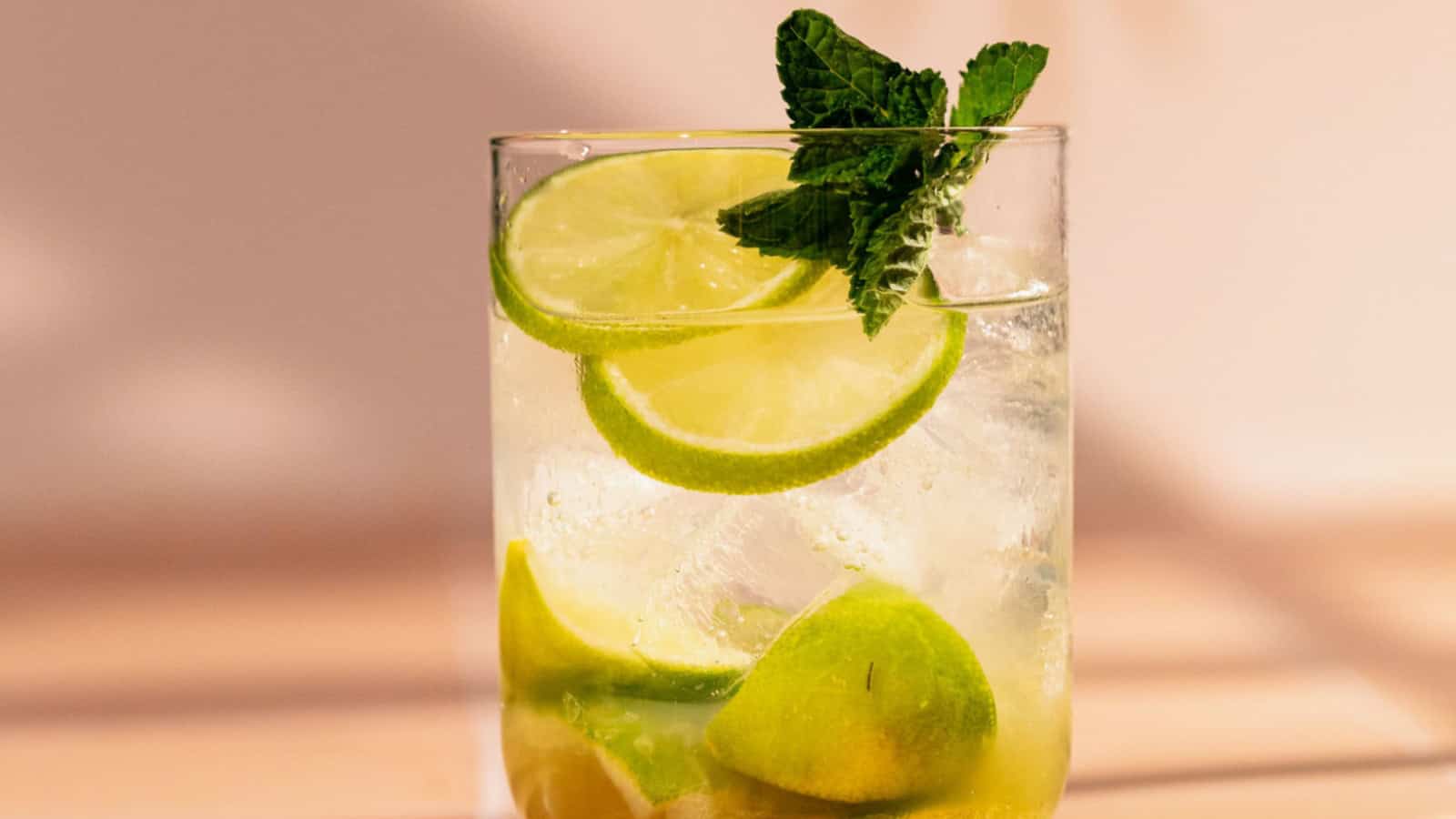 Glass of lime and mint infused water with ice cubes.
