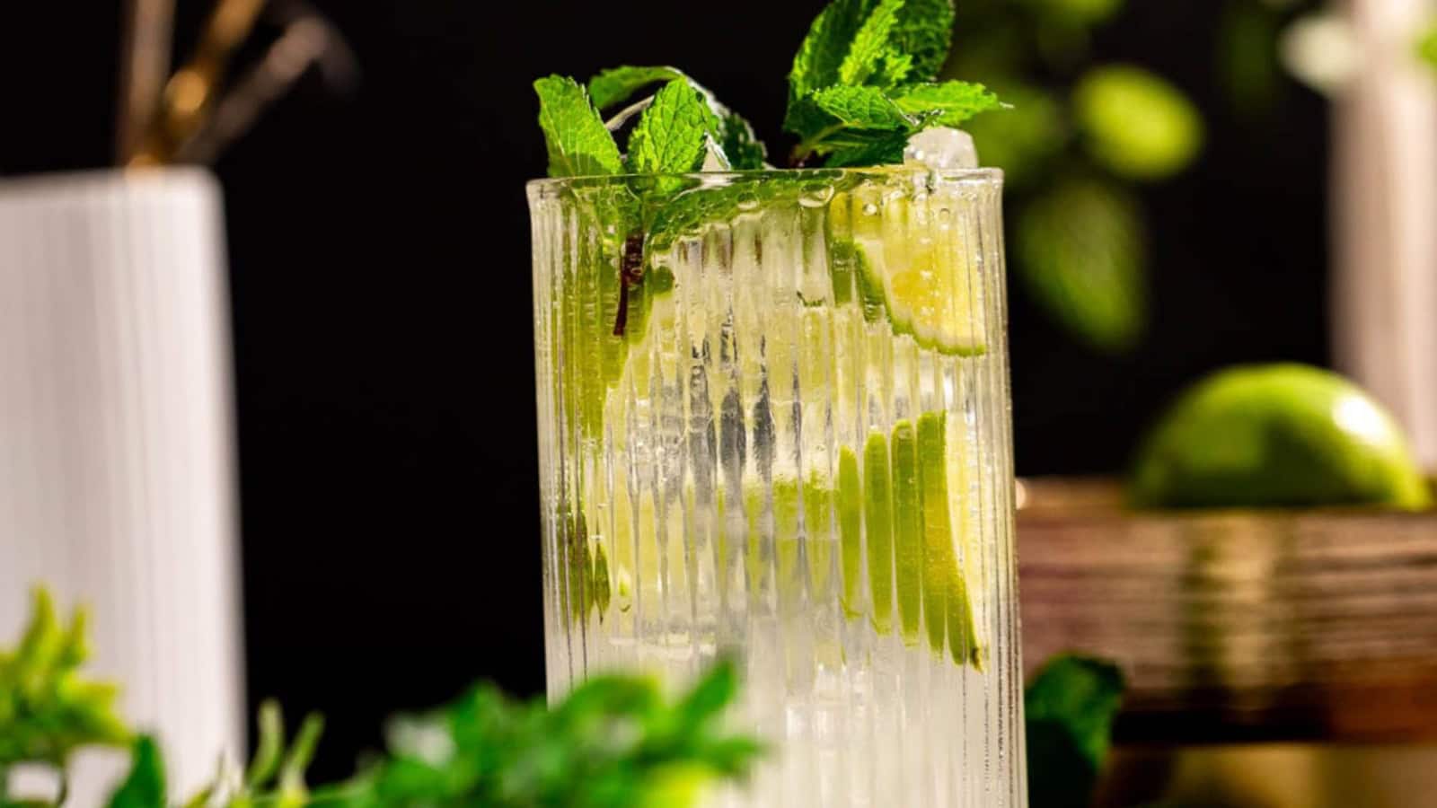 A tall glass of mojito with lime slices, mint leaves, and ice against a blurred background.