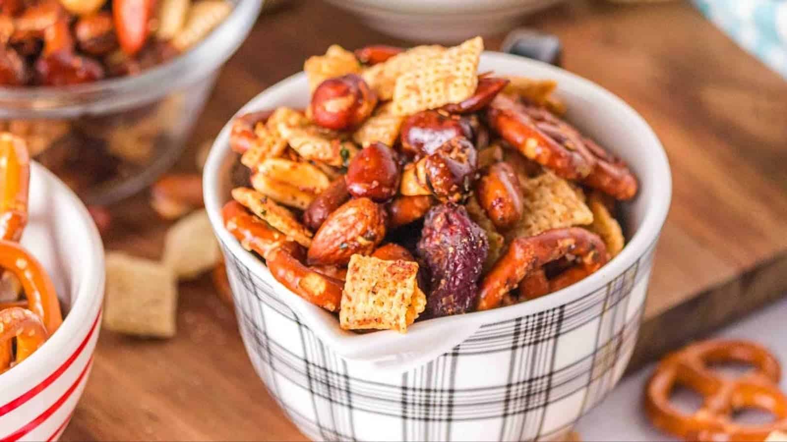 Cool ranch jerky trail mix with nuts, pretzels, and seasoned beef jerky.