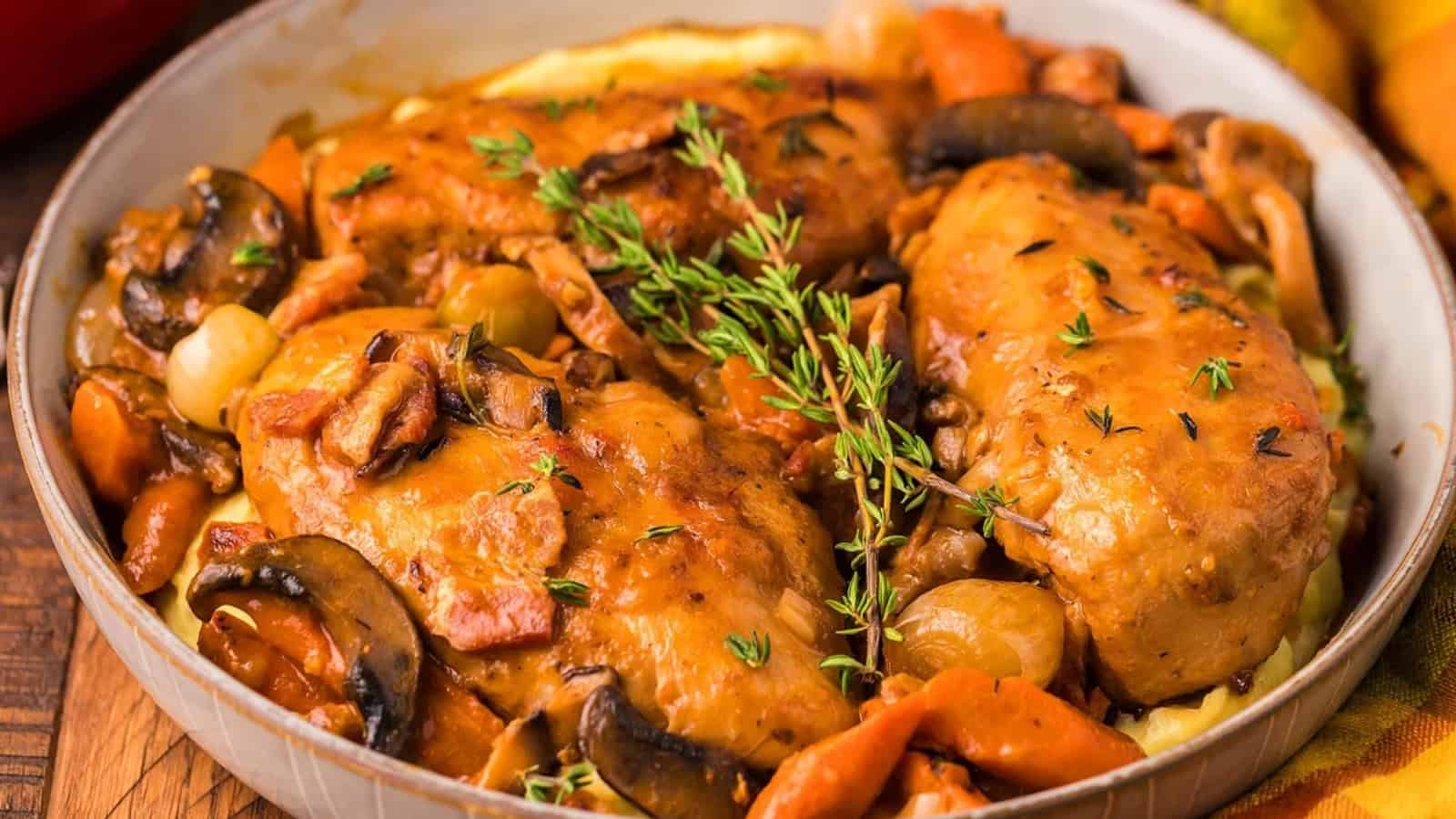 Chicken breasts with mushrooms, carrots, onions, and herbs in a creamy sauce, served in a pan.
