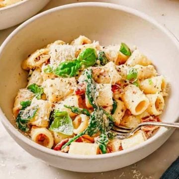 A bowl of rigatoni pasta with spinach, sun-dried tomatoes, parmesan, and a fork on the side.