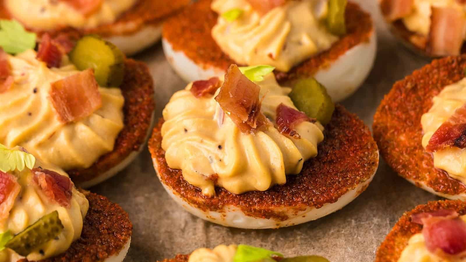 Deviled eggs topped with bacon, seasoning, and sliced pickles arranged closely on a tray.