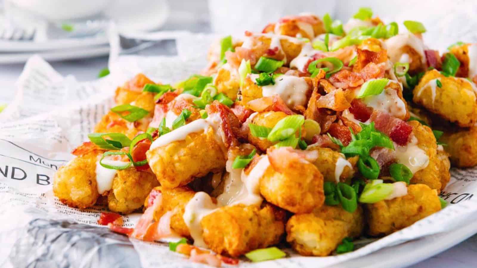 A plate of tater tots topped with melted cheese, bacon bits, chopped green onions, and a creamy sauce.