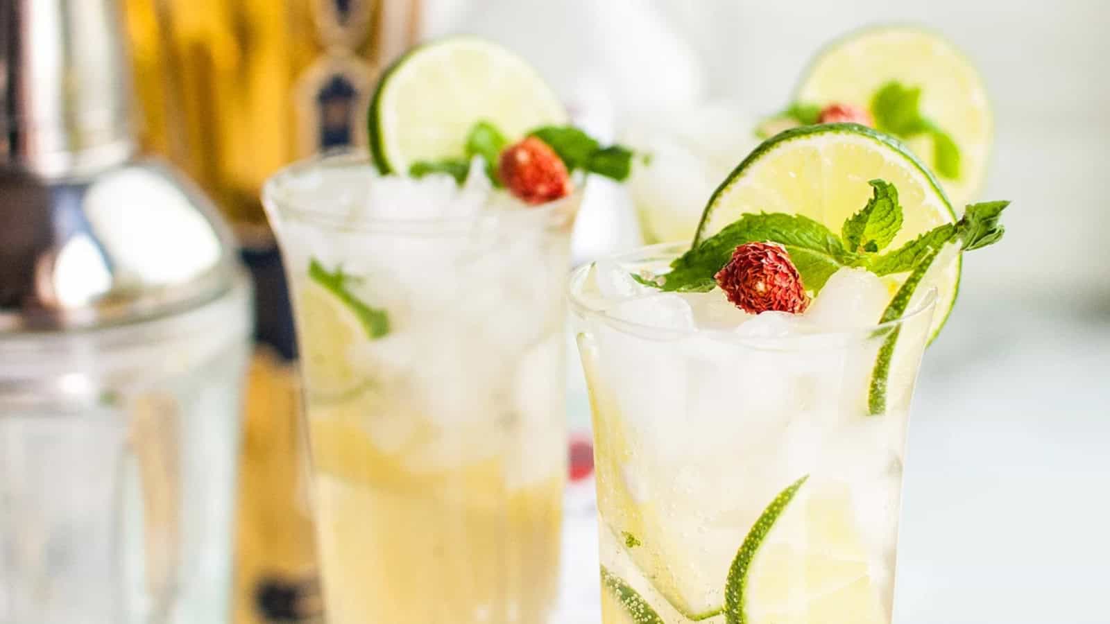 Elderflower mojito cocktail with mint, lime, and elderflower liqueur.