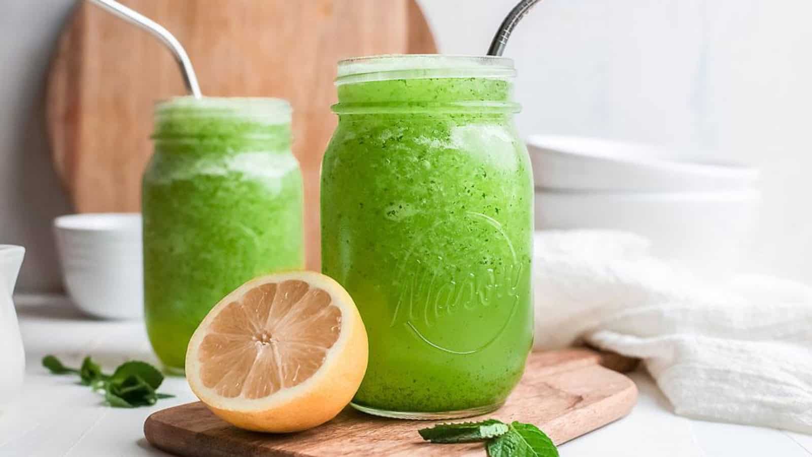 Frozen mint lemonade blended with fresh mint and served chilled.
