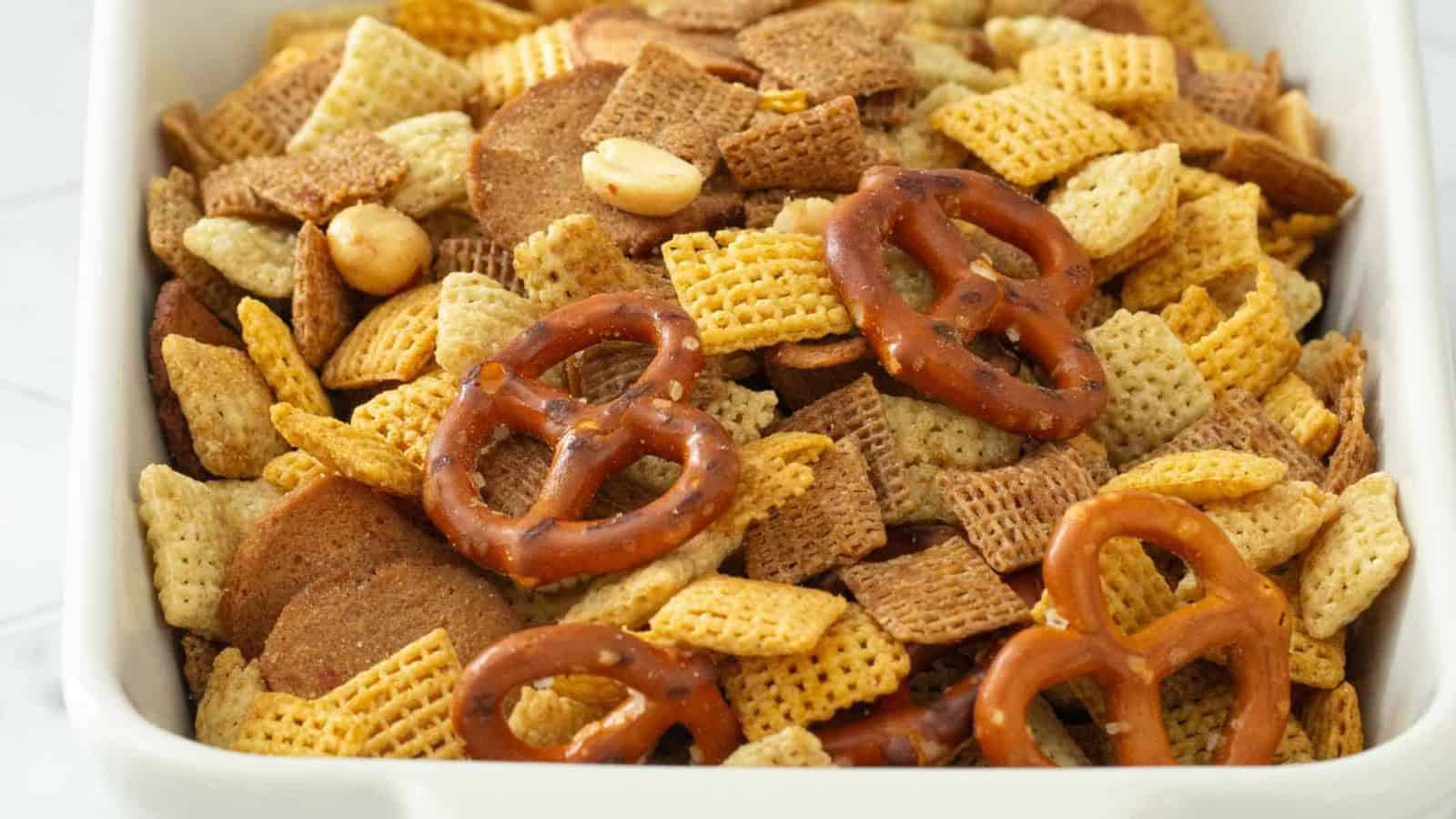 Classic Chex mix with cereal, pretzels, nuts, and savory seasonings.