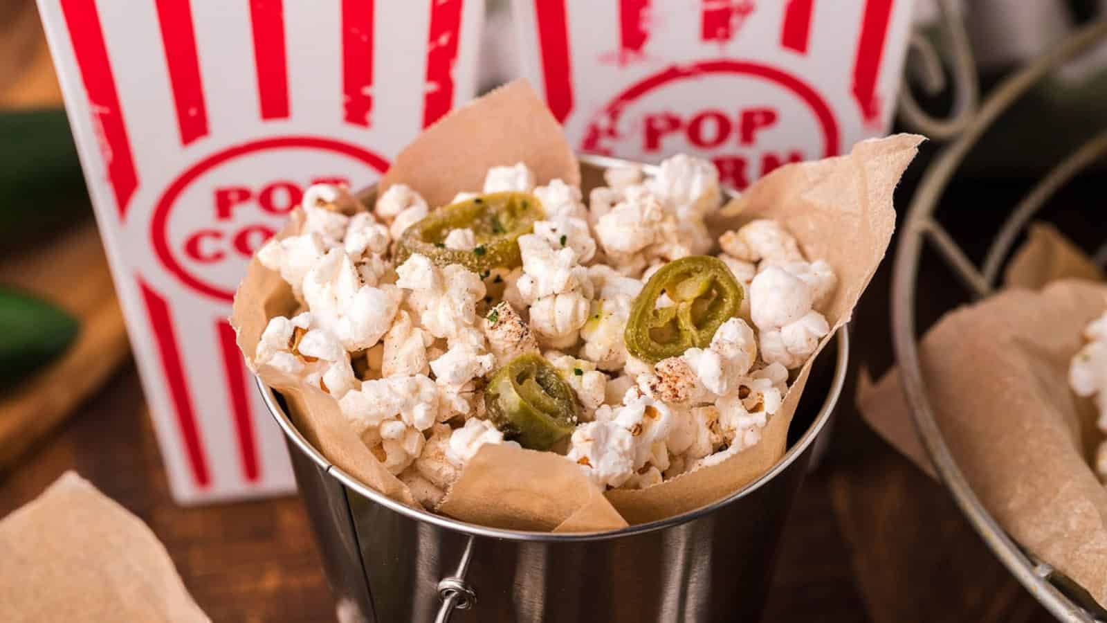 Popcorn topped with sliced jalape&ntilde;os in a metal bucket, with striped popcorn boxes in the background.