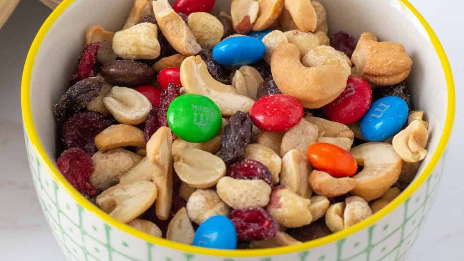 Homemade trail mix with nuts, seeds, dried fruit, and crunchy snacks.