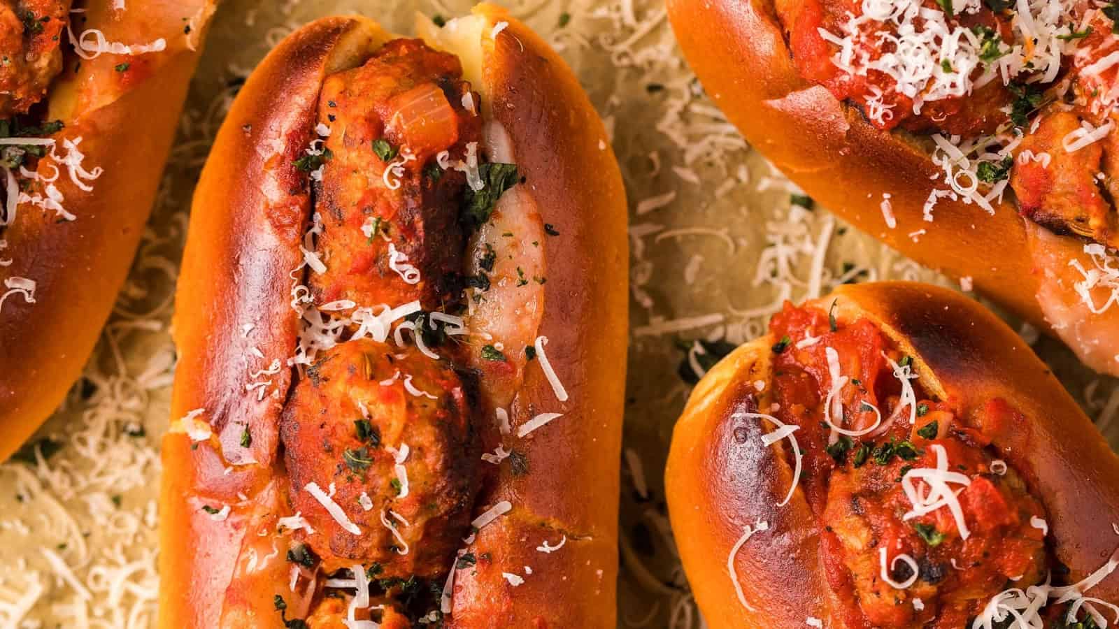 Close-up of meatball subs in buns, topped with marinara sauce, herbs, and shredded cheese.