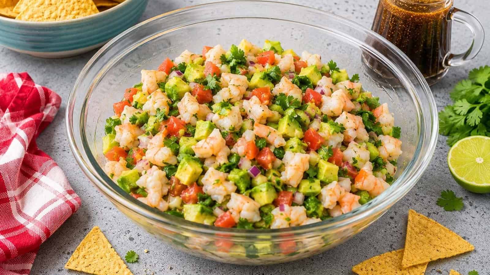 Mexican shrimp ceviche with shrimp, avocado, tomatoes, red onion, and fresh herbs.
