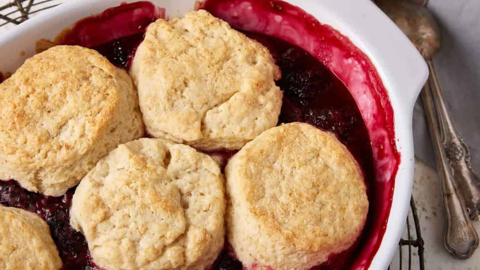 Golden biscuits baked on top of a bubbling berry cobbler in a white dish with two spoons nearby.
