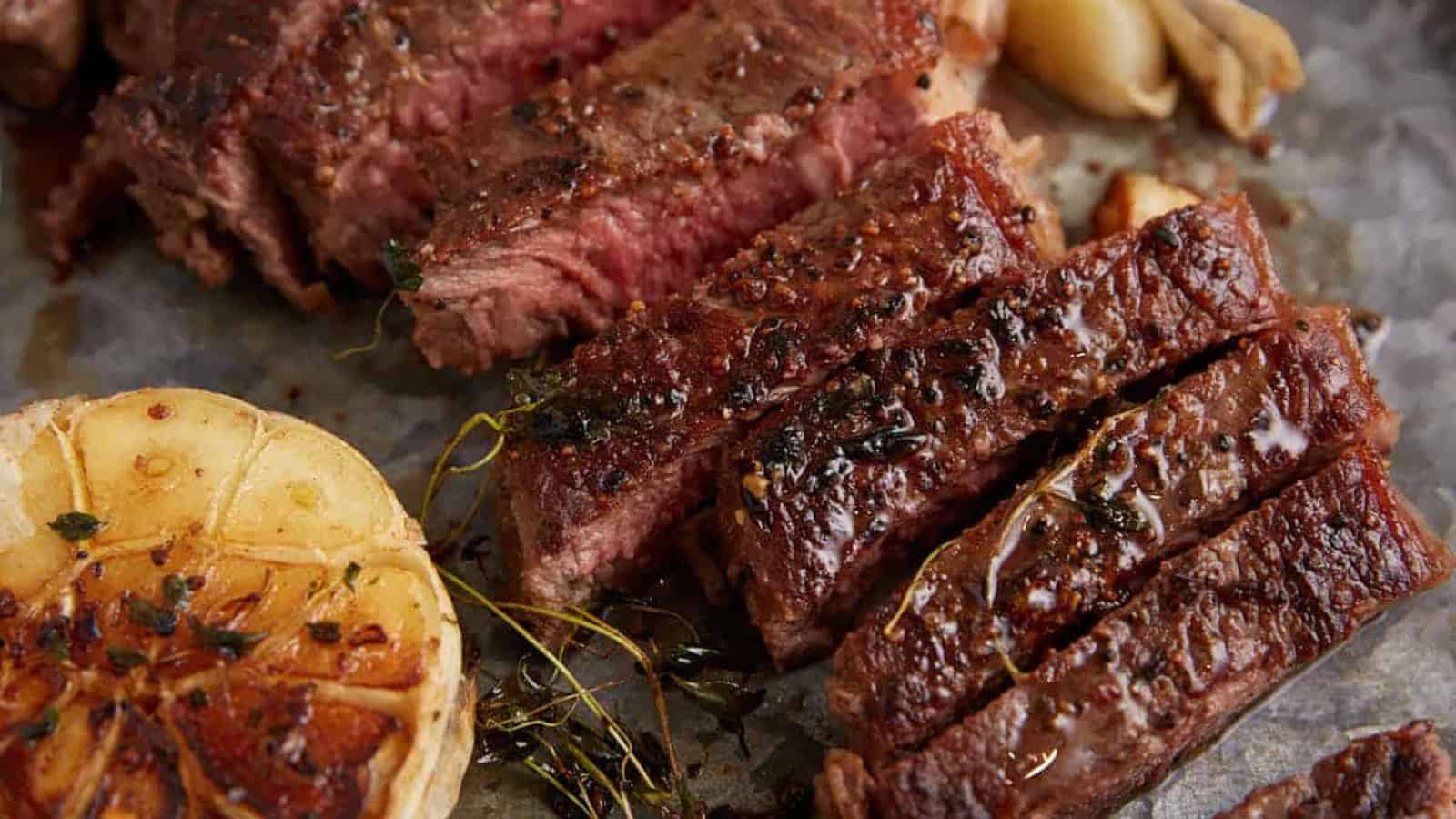 Sliced medium-rare steak with herbs, garlic, and seasoning on a rustic surface.